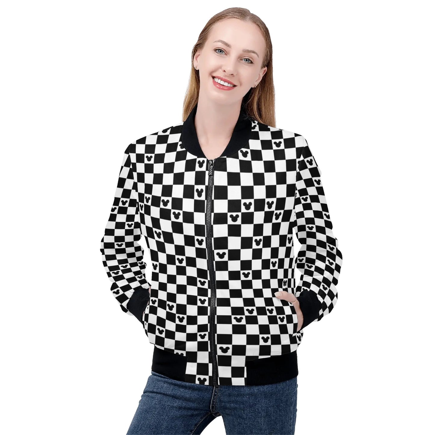 Mickey Mouse Checkerboard Bomber Jacket – Stylish Disney Outerwear for Women