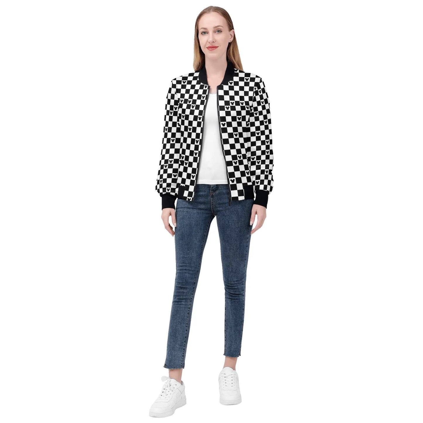 Mickey Mouse Checkerboard Bomber Jacket – Stylish Disney Outerwear for Women