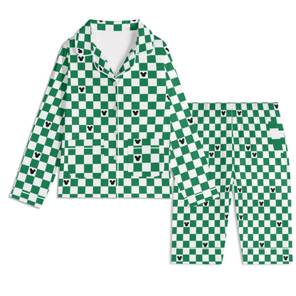 Green & White (Baby) Checkerboard Mickey Pajama Set – Long-Sleeve Collar Design