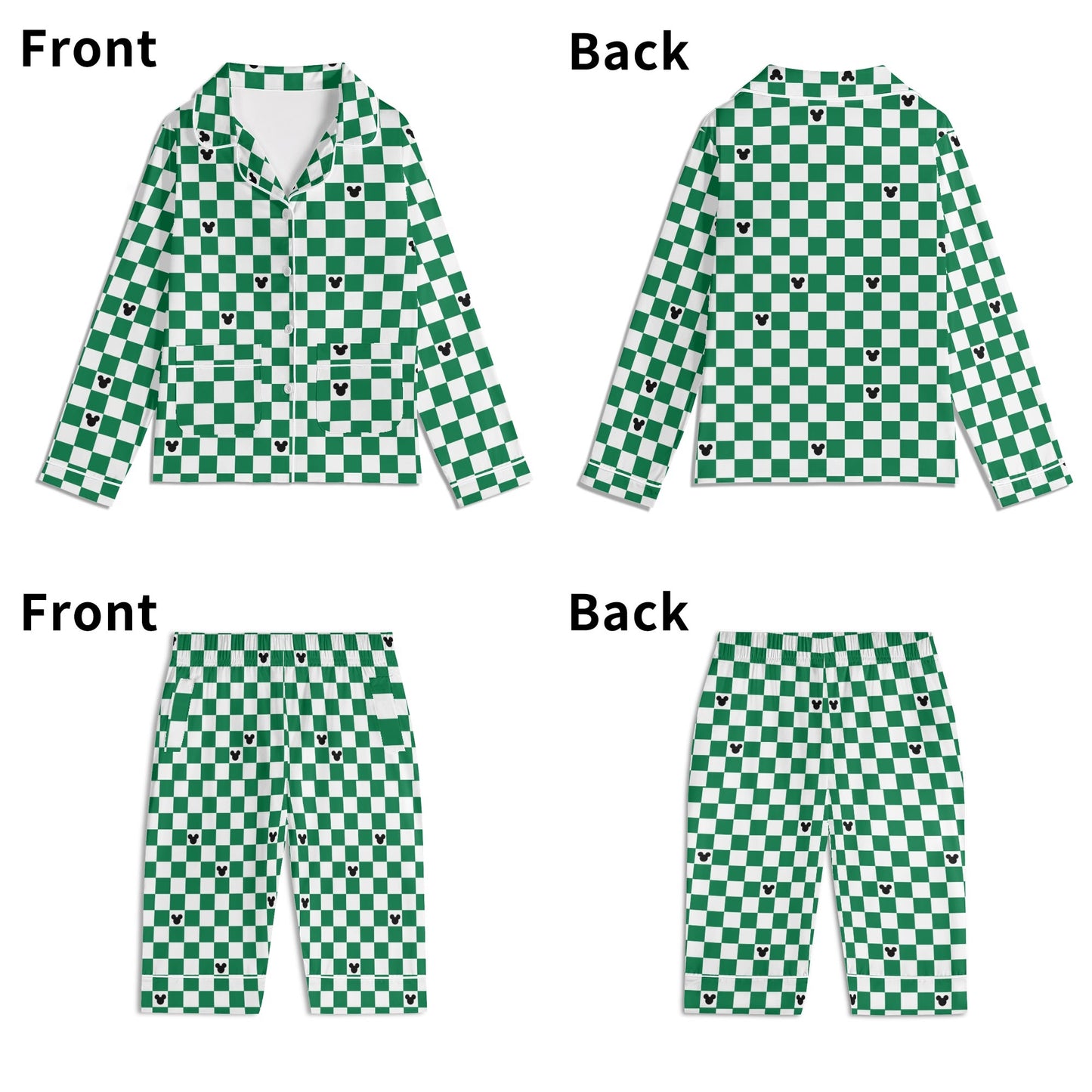 Green & White (Baby) Checkerboard Mickey Pajama Set – Long-Sleeve Collar Design