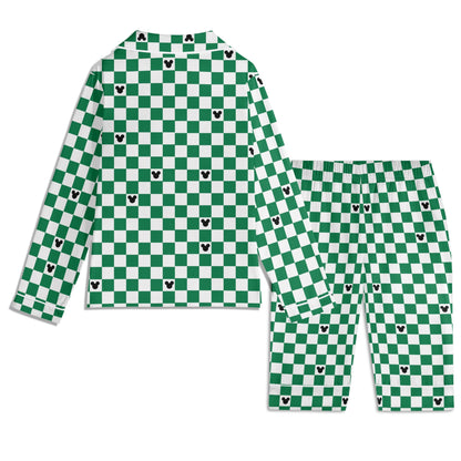 Green & White (Baby) Checkerboard Mickey Pajama Set – Long-Sleeve Collar Design