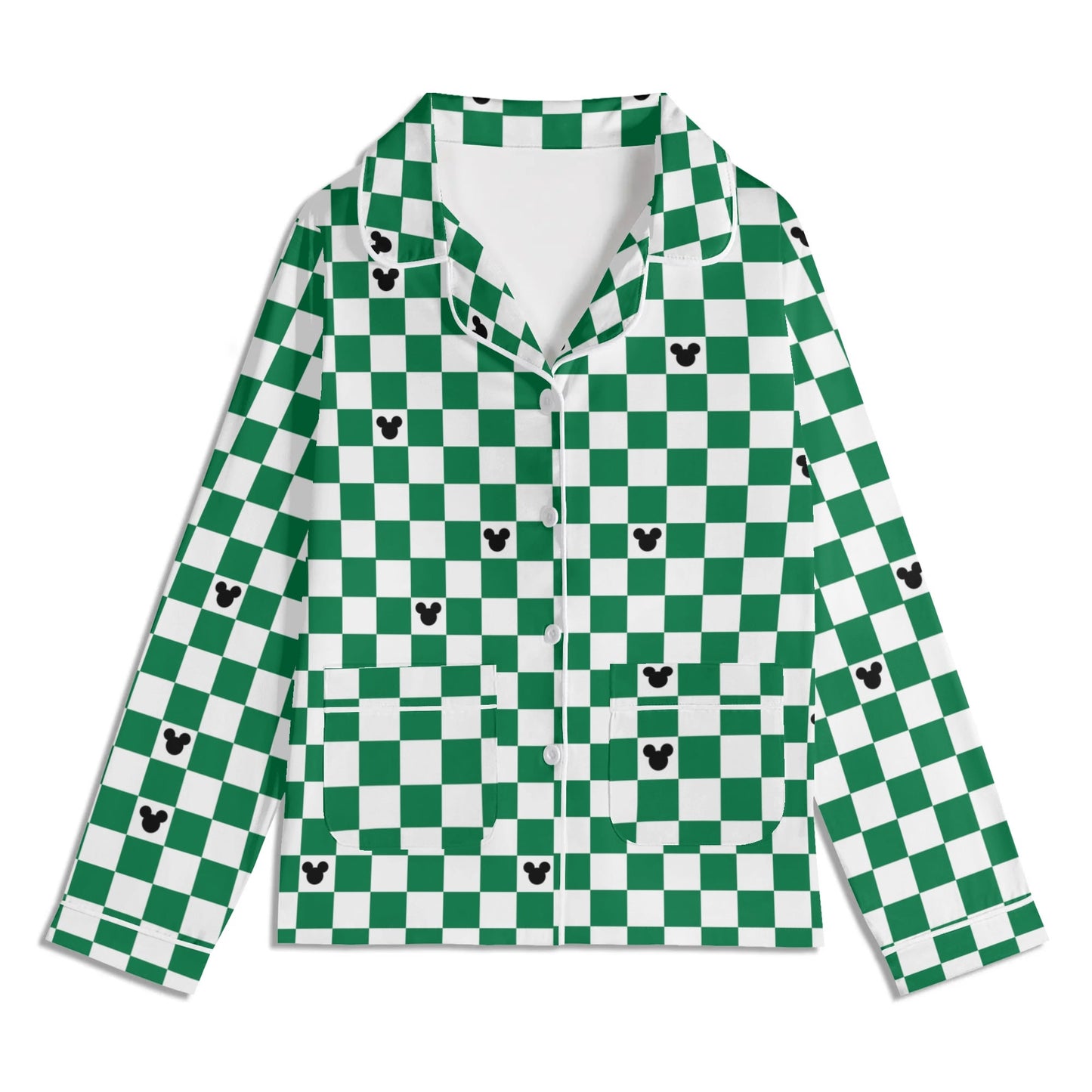 Green & White (Baby) Checkerboard Mickey Pajama Set – Long-Sleeve Collar Design