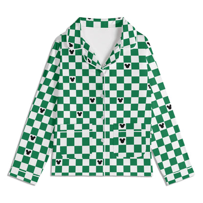 Green & White (Baby) Checkerboard Mickey Pajama Set – Long-Sleeve Collar Design