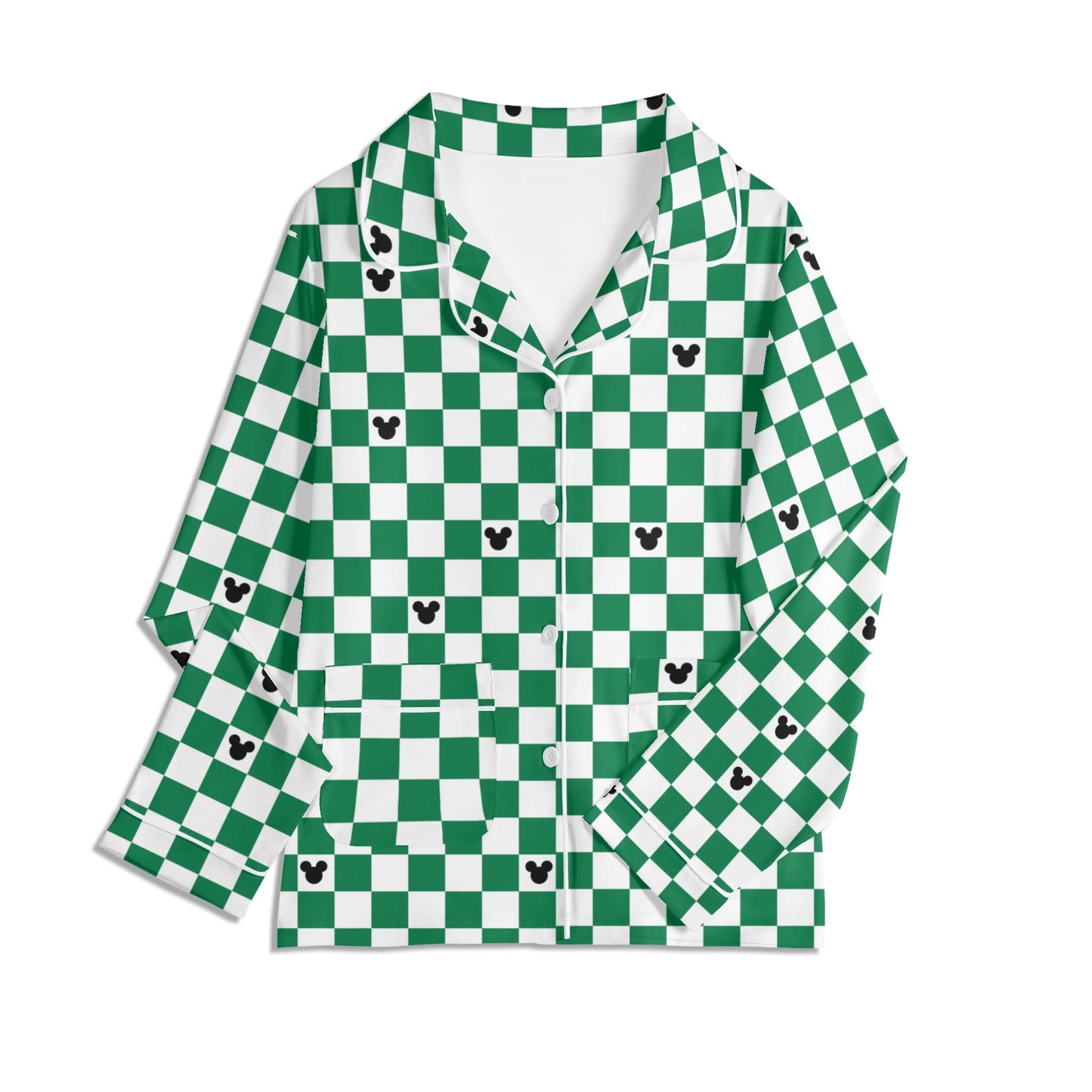 Green & White (Baby) Checkerboard Mickey Pajama Set – Long-Sleeve Collar Design