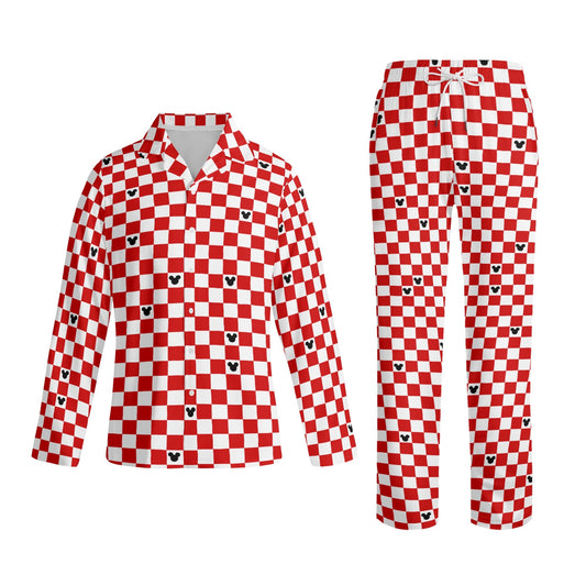 Adult Red & White Checkerboard Family Matching Mickey Pajama Set – Long-Sleeve Collar Design