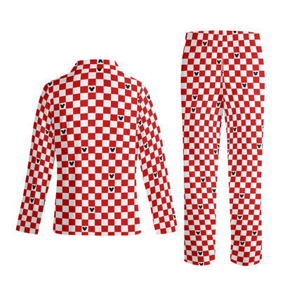 Adult Red & White Checkerboard Family Matching Mickey Pajama Set – Long-Sleeve Collar Design