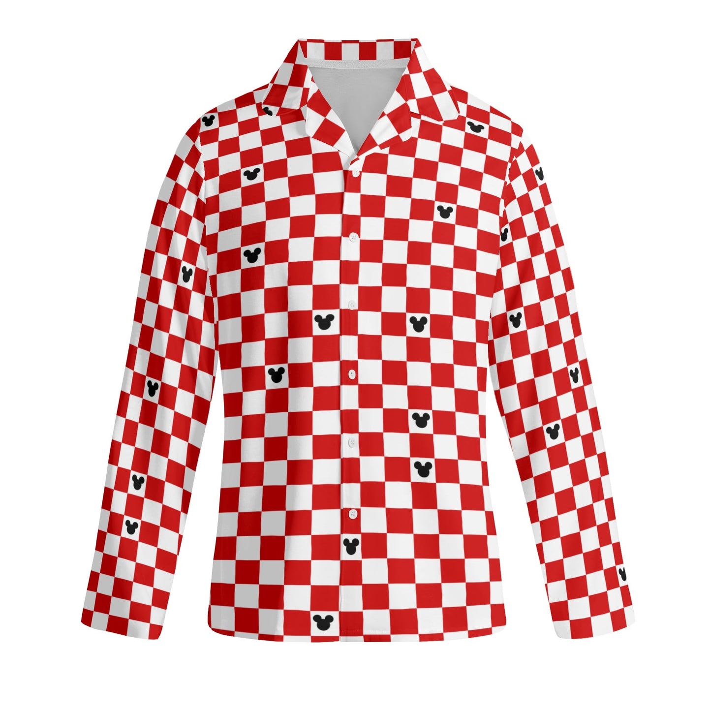 Adult Red & White Checkerboard Family Matching Mickey Pajama Set – Long-Sleeve Collar Design