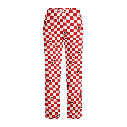 Adult Red & White Checkerboard Family Matching Mickey Pajama Set – Long-Sleeve Collar Design