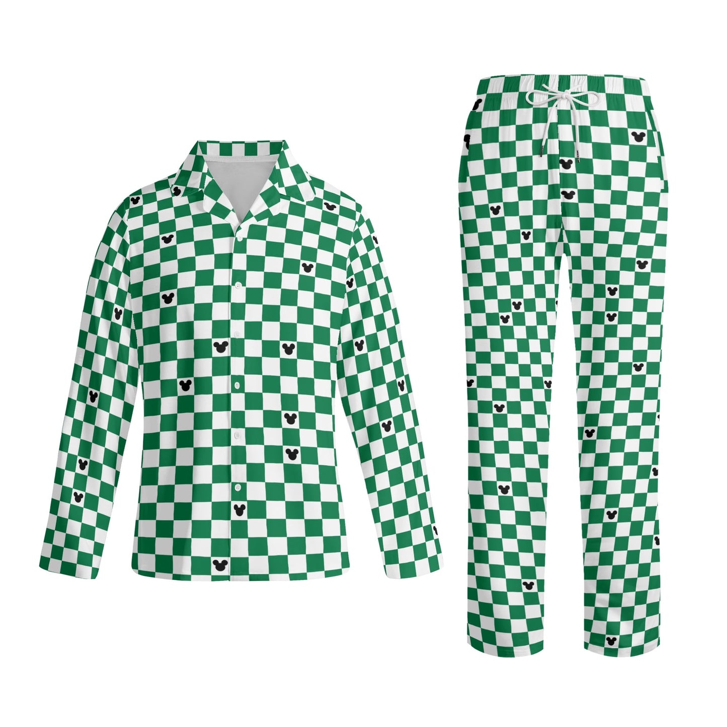 Adult Green & White Checkerboard Mickey Pajama Set – Long-Sleeve Collar Design