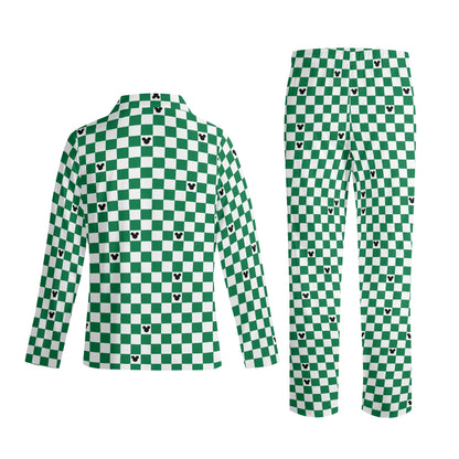 Adult Green & White Checkerboard Mickey Pajama Set – Long-Sleeve Collar Design