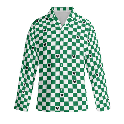 Adult Green & White Checkerboard Mickey Pajama Set – Long-Sleeve Collar Design