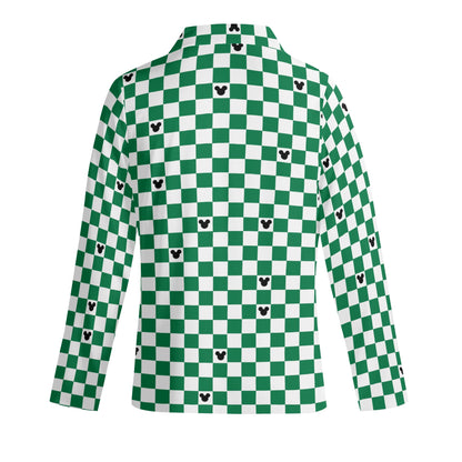 Adult Green & White Checkerboard Mickey Pajama Set – Long-Sleeve Collar Design