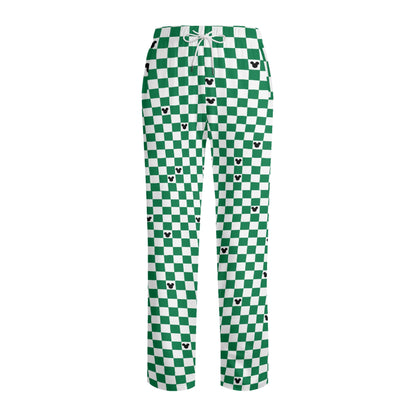 Adult Green & White Checkerboard Mickey Pajama Set – Long-Sleeve Collar Design