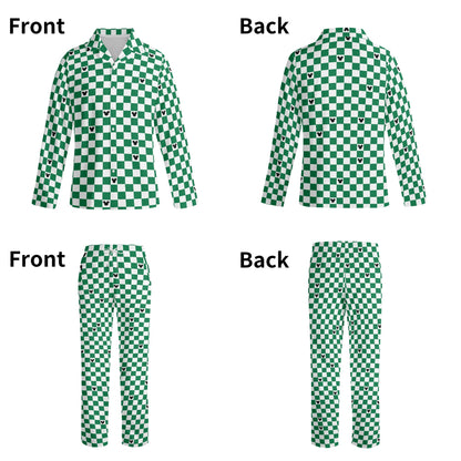 Adult Green & White Checkerboard Mickey Pajama Set – Long-Sleeve Collar Design