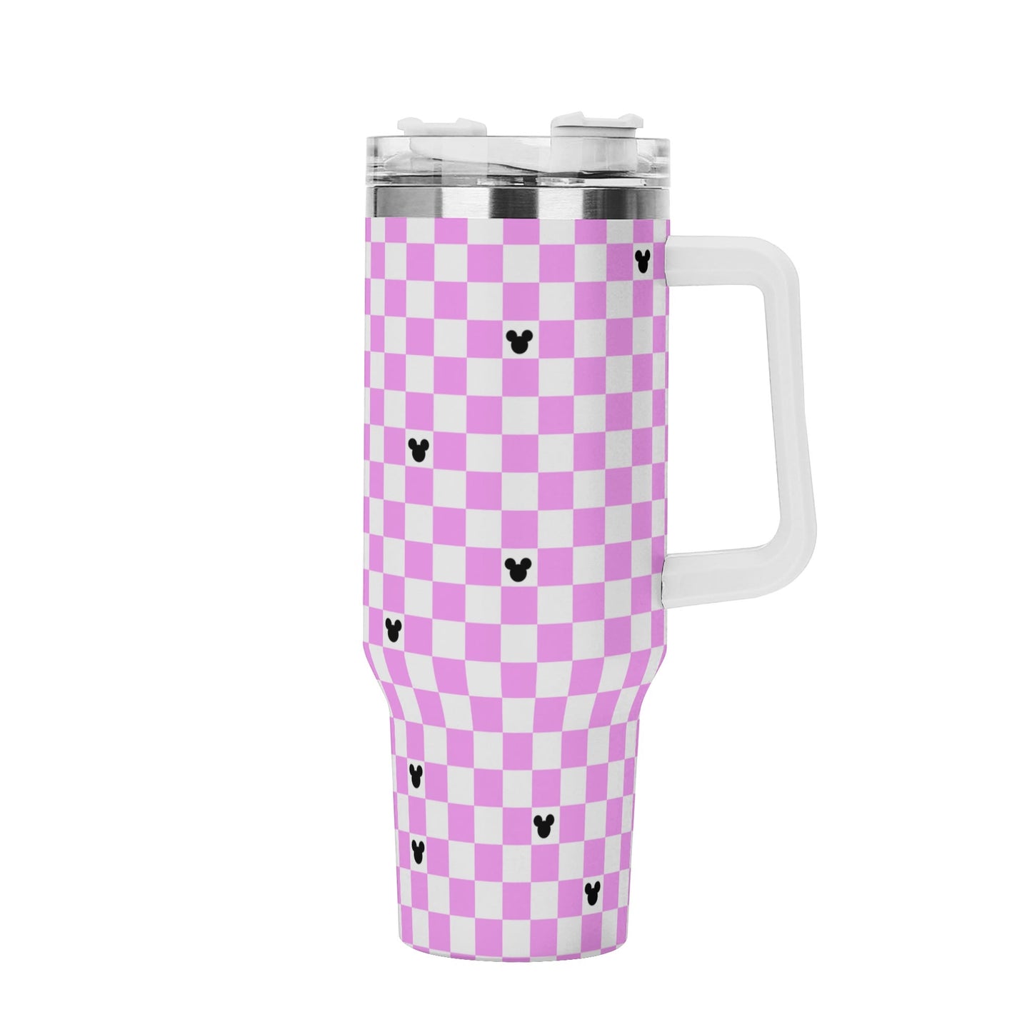 Mickey Checkerboard 40oz Tumbler with Handle and Straw - Pink & Black