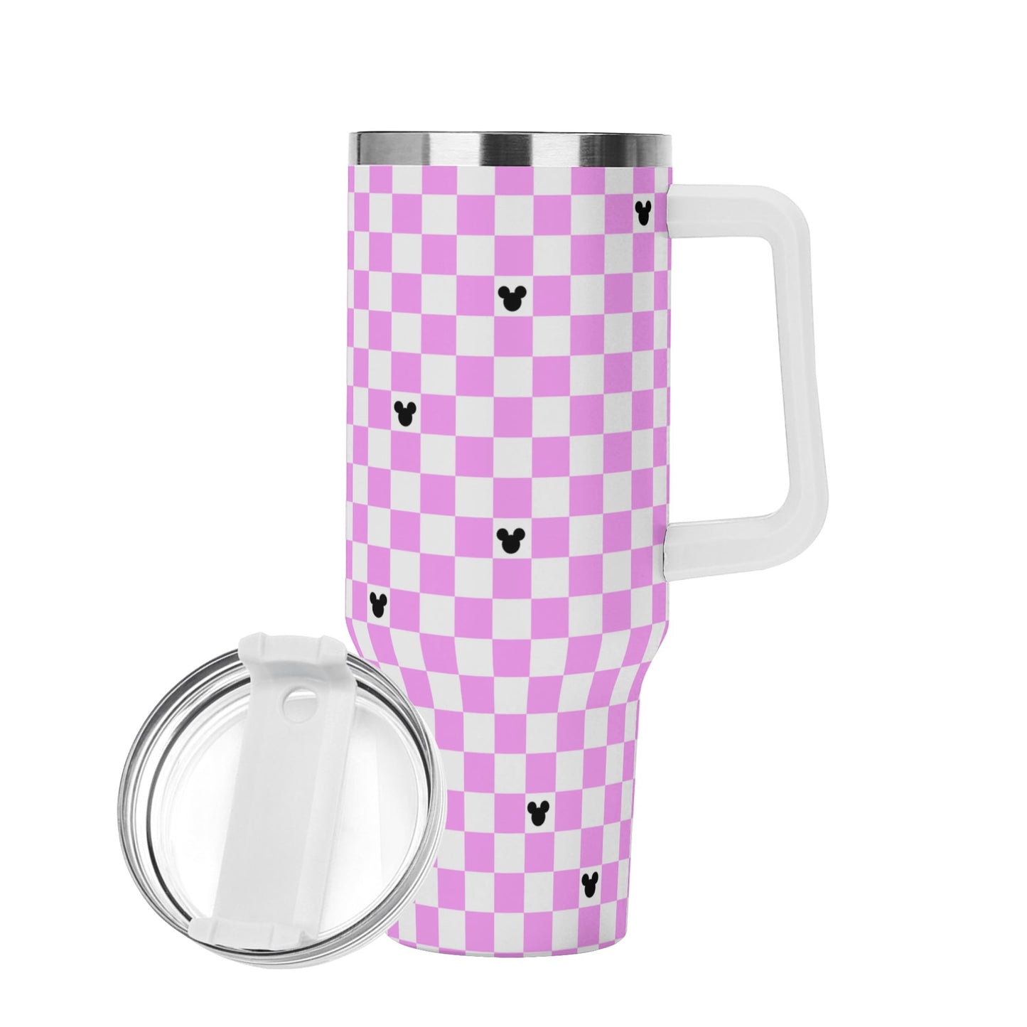 Mickey Checkerboard 40oz Tumbler with Handle and Straw - Pink & Black