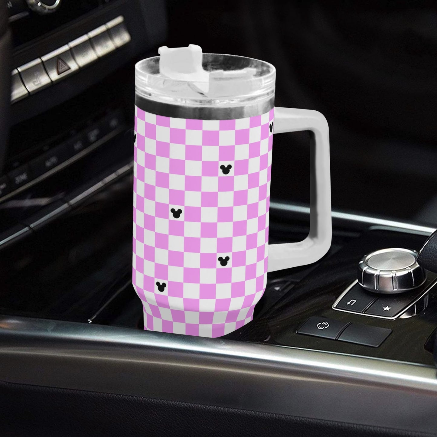 Mickey Checkerboard 40oz Tumbler with Handle and Straw - Pink & Black