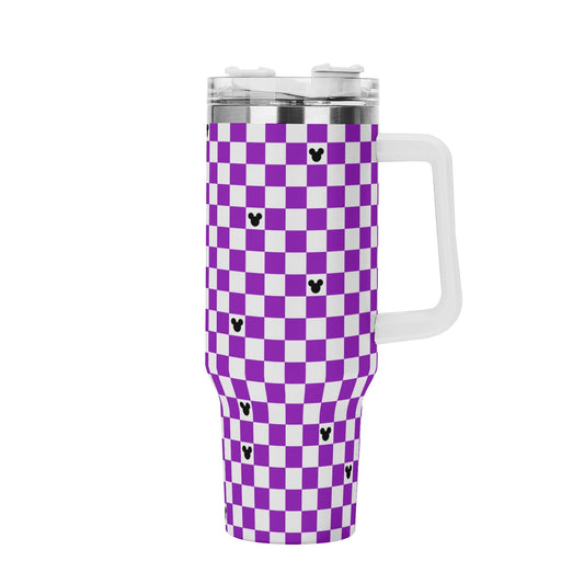 Mickey Checkerboard 40oz Purple & White Tumbler with Handle and Straw