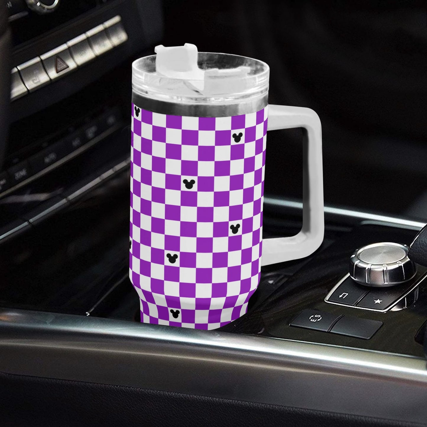 Mickey Checkerboard 40oz Purple & White Tumbler with Handle and Straw