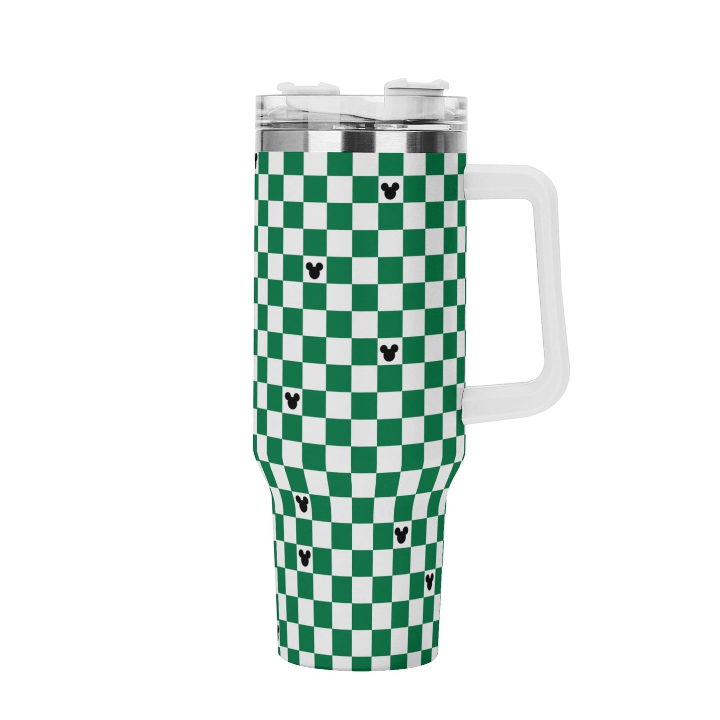 Mickey Checkerboard 40oz Green & White Tumbler with Handle and Straw