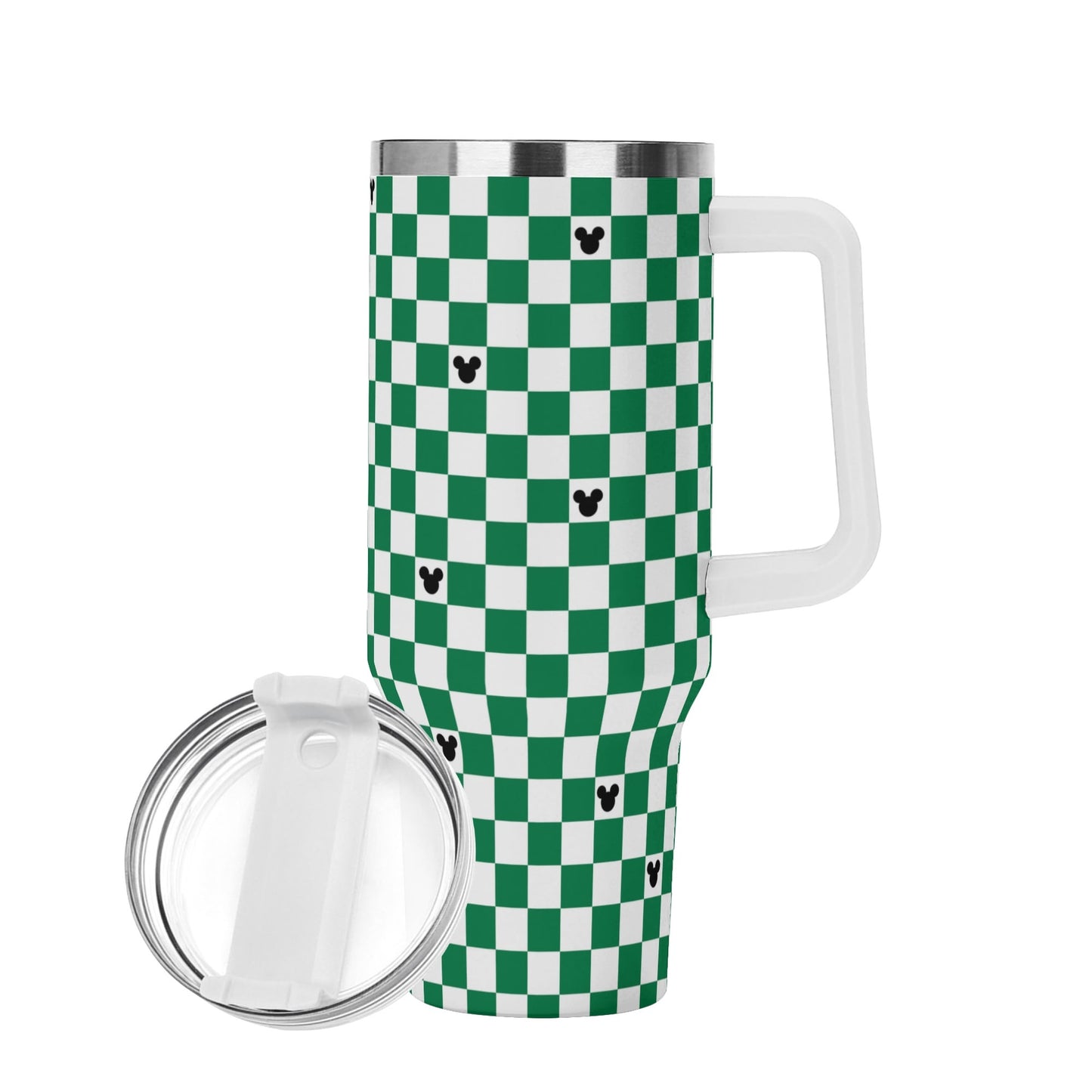 Mickey Checkerboard 40oz Green & White Tumbler with Handle and Straw