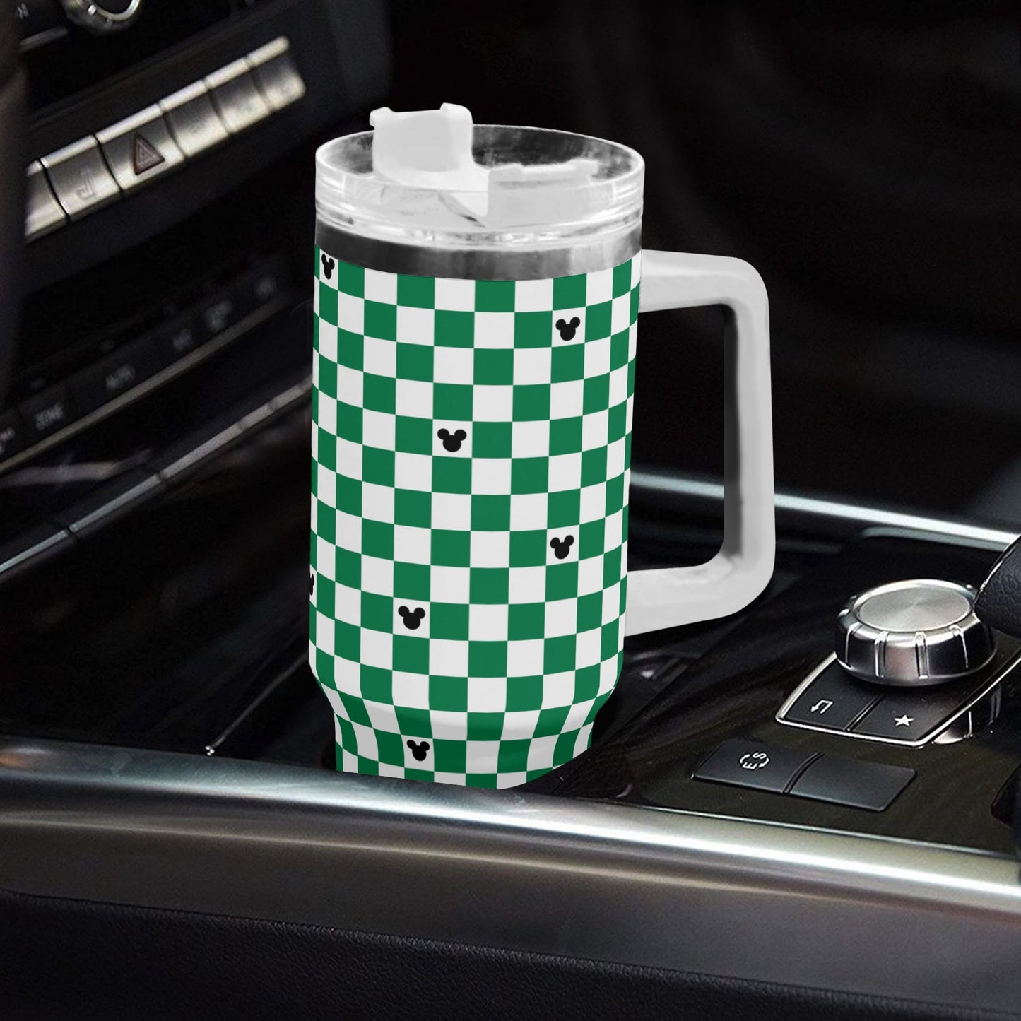 Mickey Checkerboard 40oz Green & White Tumbler with Handle and Straw