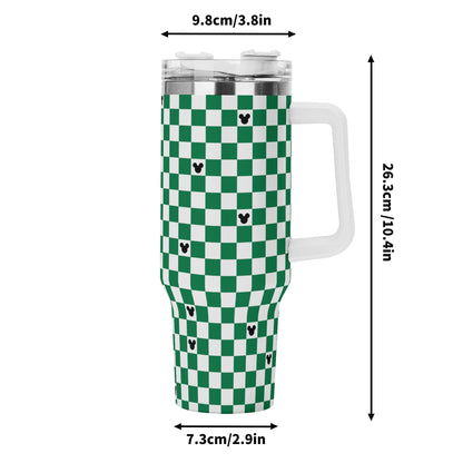 Mickey Checkerboard 40oz Green & White Tumbler with Handle and Straw