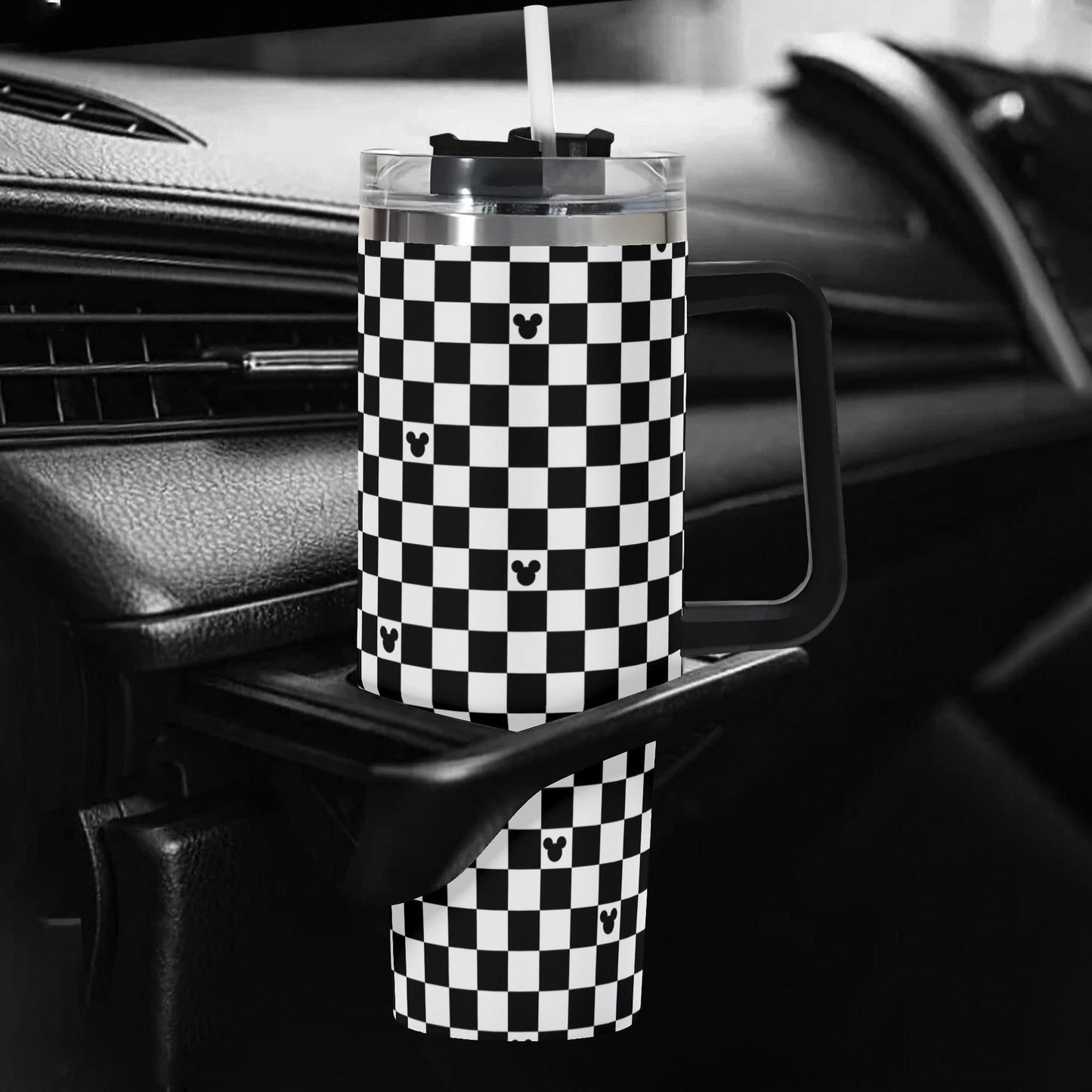 Mickey Checkerboard 40oz Black & White Tumbler with Handle and Lid