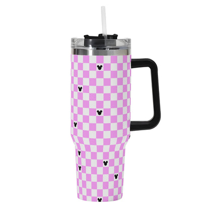 Mickey Checkerboard 40oz Pink & White Tumbler with Black Handle and Straw