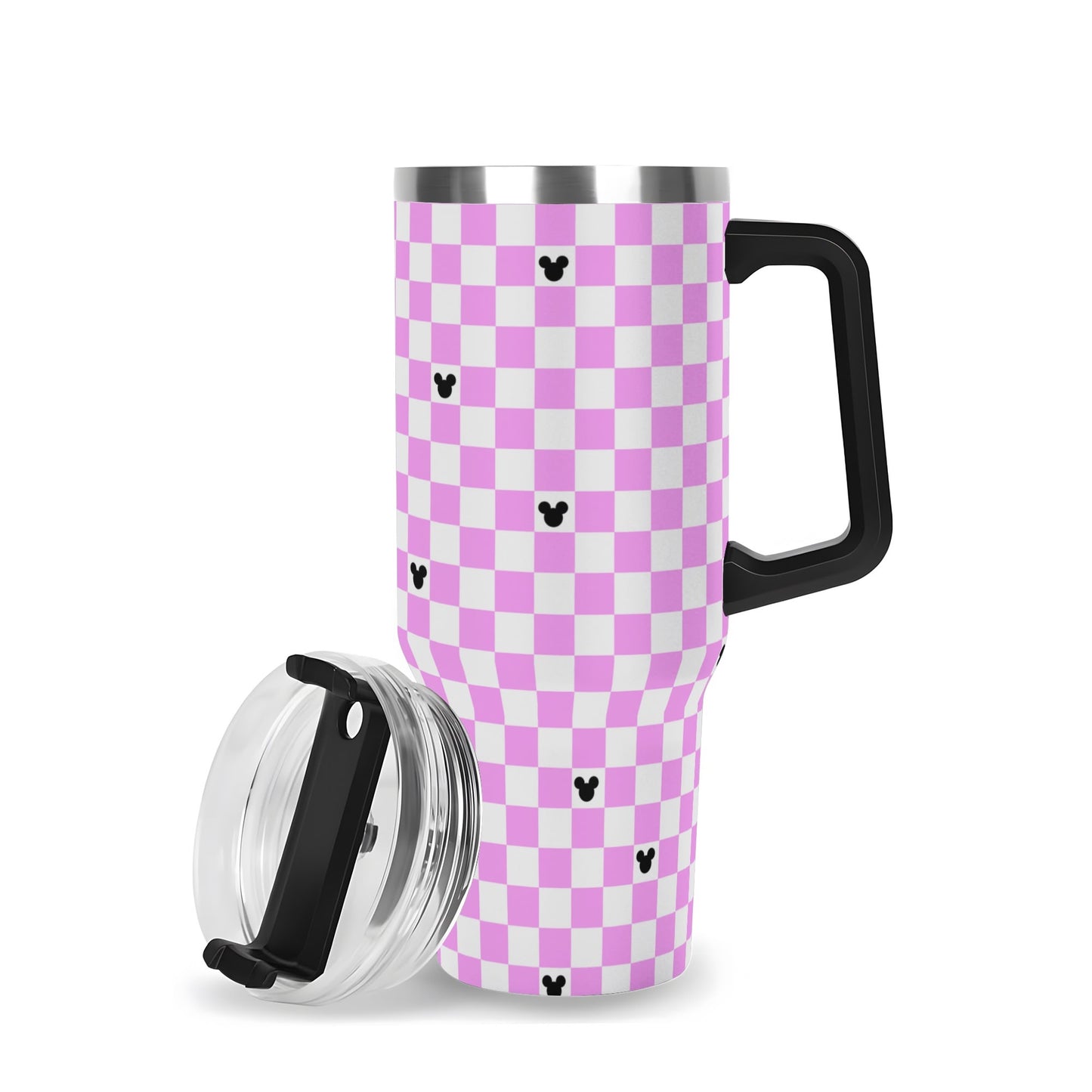 Mickey Checkerboard 40oz Pink & White Tumbler with Black Handle and Straw