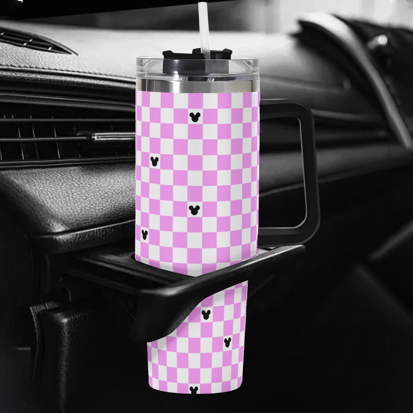 Mickey Checkerboard 40oz Pink & White Tumbler with Black Handle and Straw