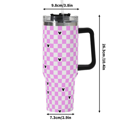 Mickey Checkerboard 40oz Pink & White Tumbler with Black Handle and Straw