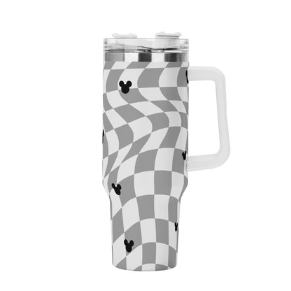 Mickey Wavy Checkerboard 40oz Gray & White Tumbler with Handle and Straw