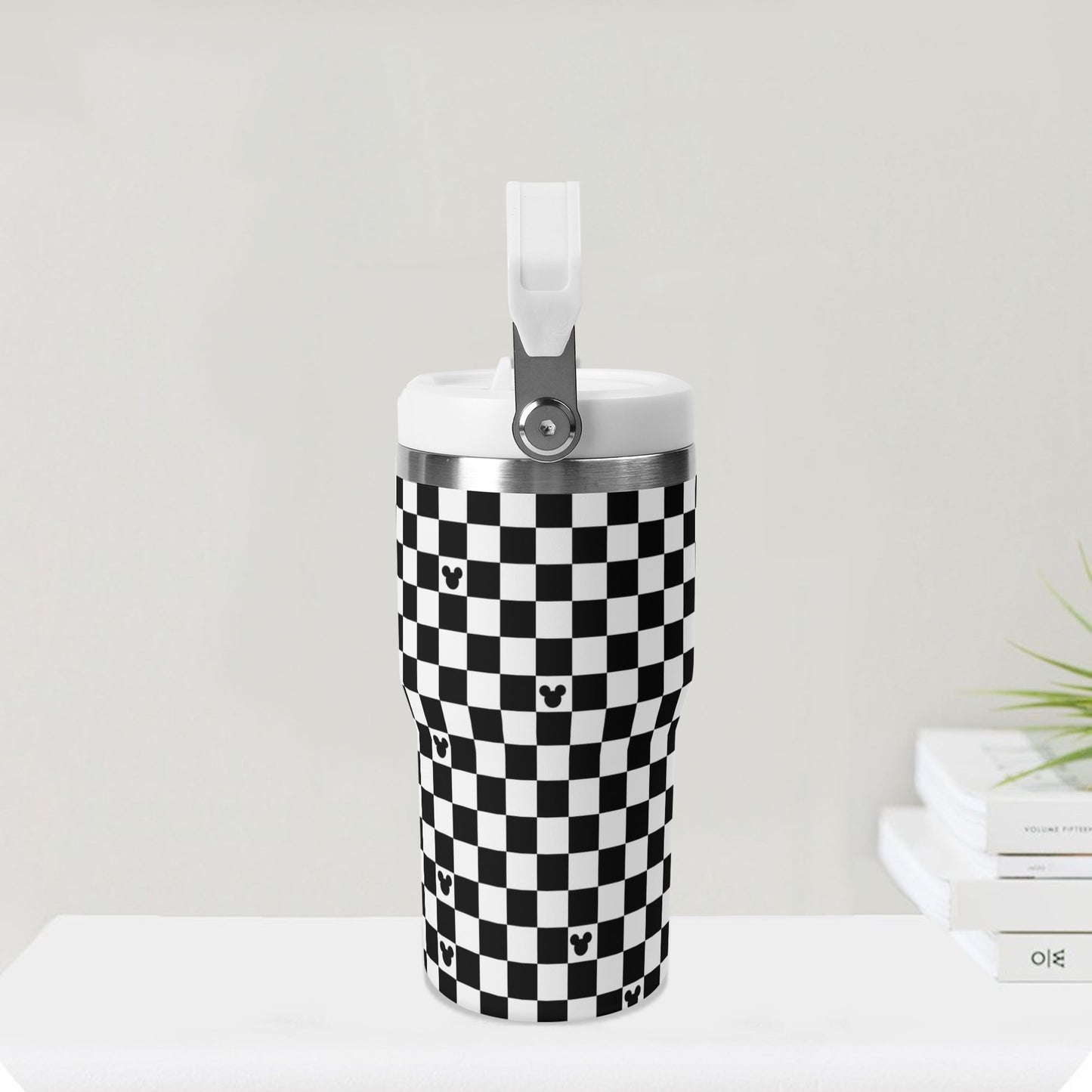 Mickey Checkerboard 20oz Black & White Tumbler with Handle and Hidden Suction Port