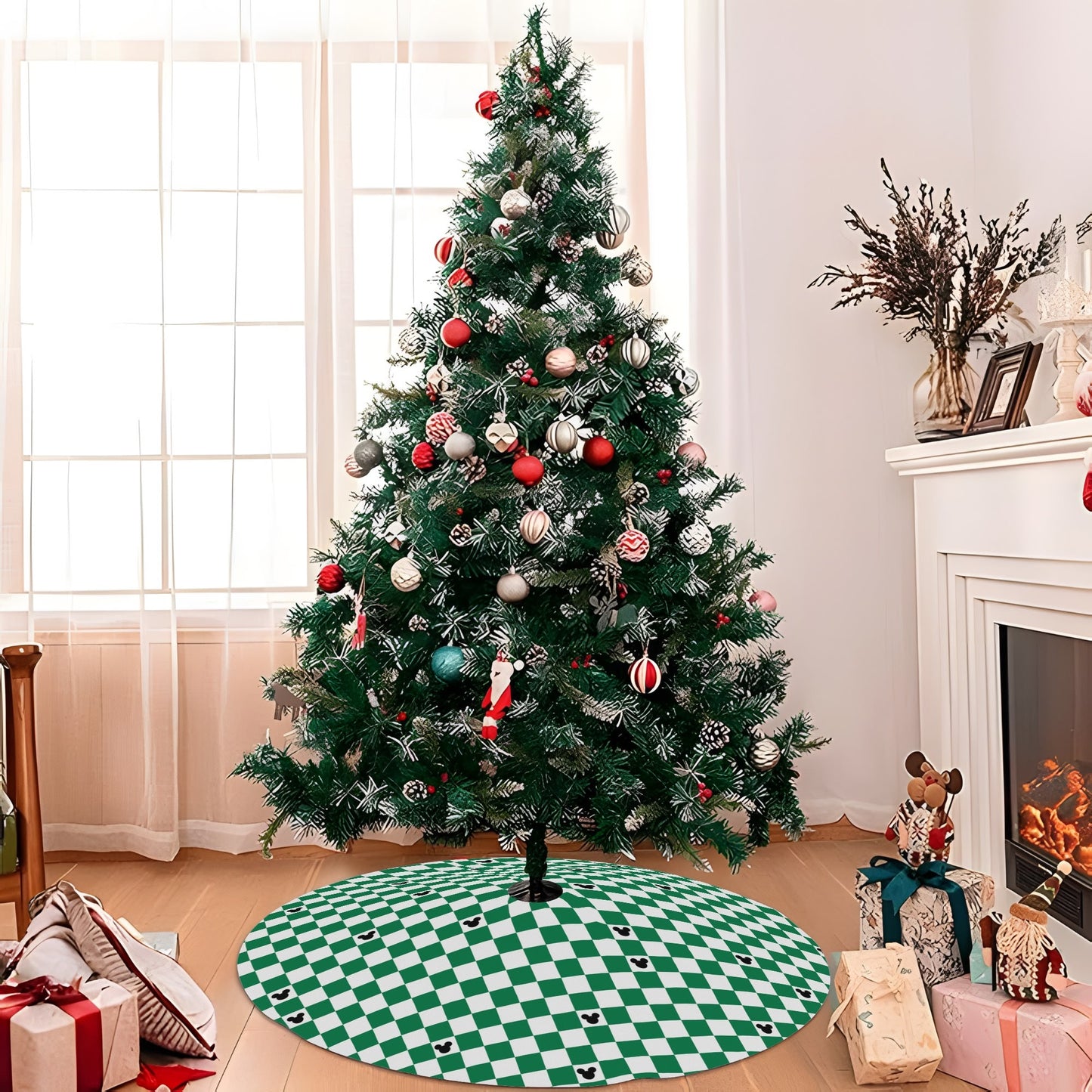 Green Checkerboard Mickey Mouse Christmas Tree Skirt – Festive Holiday Decor