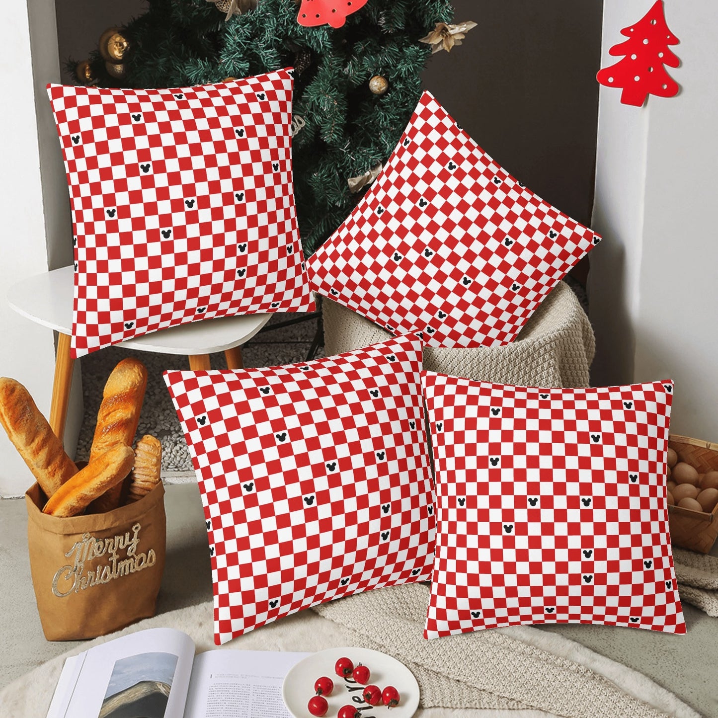 Red Checkerboard Mickey Pillow Cover – Festive Holiday Decor