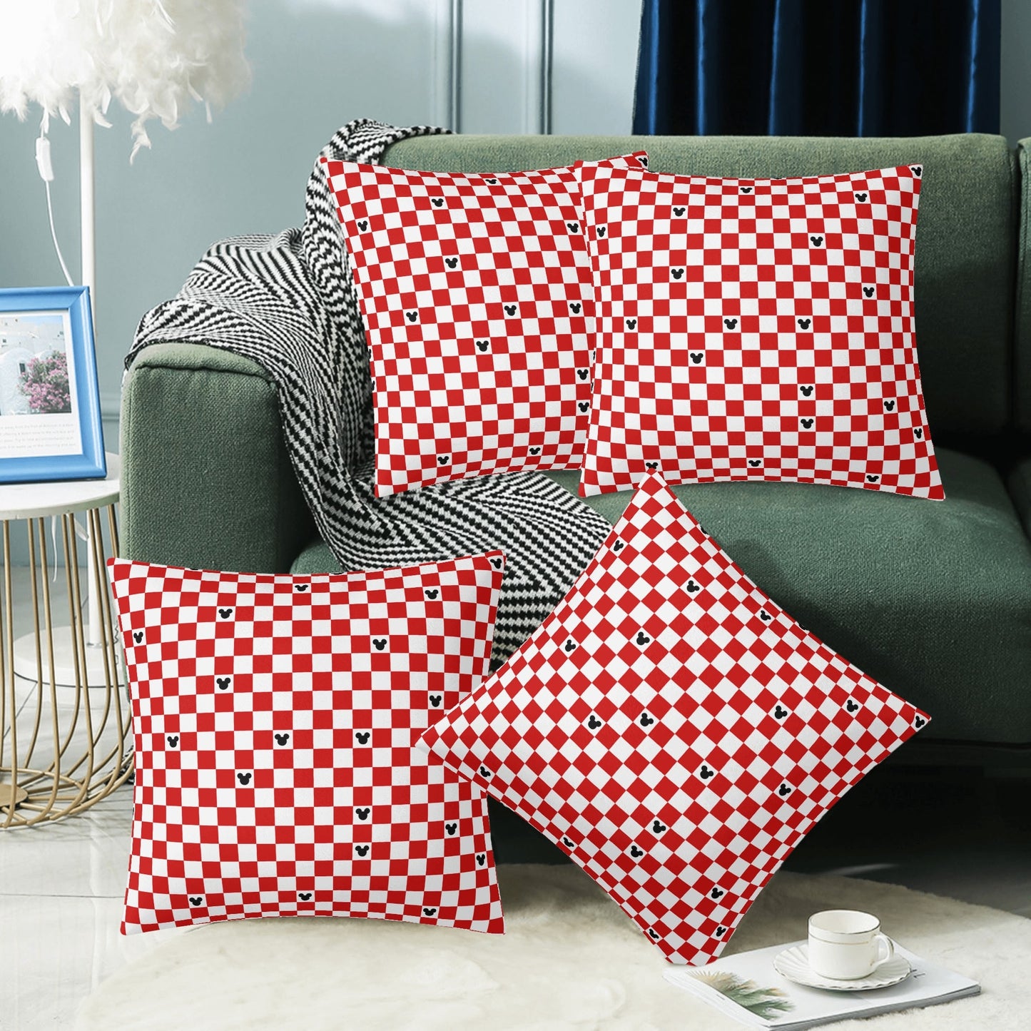 Red Checkerboard Mickey Pillow Cover – Festive Holiday Decor