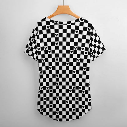 Mickey Mouse Checkerboard V-Neck T-Shirt for Women – Stylish and Comfortable Disney-Inspired Design