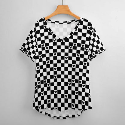 Mickey Mouse Checkerboard V-Neck T-Shirt for Women – Stylish and Comfortable Disney-Inspired Design