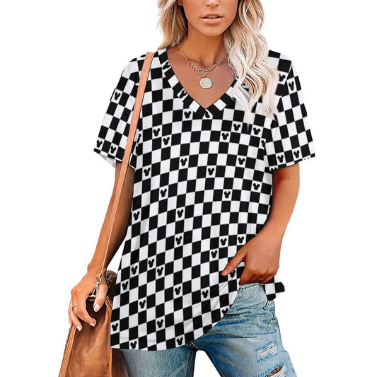 Mickey Mouse Checkerboard V-Neck T-Shirt for Women – Stylish and Comfortable Disney-Inspired Design